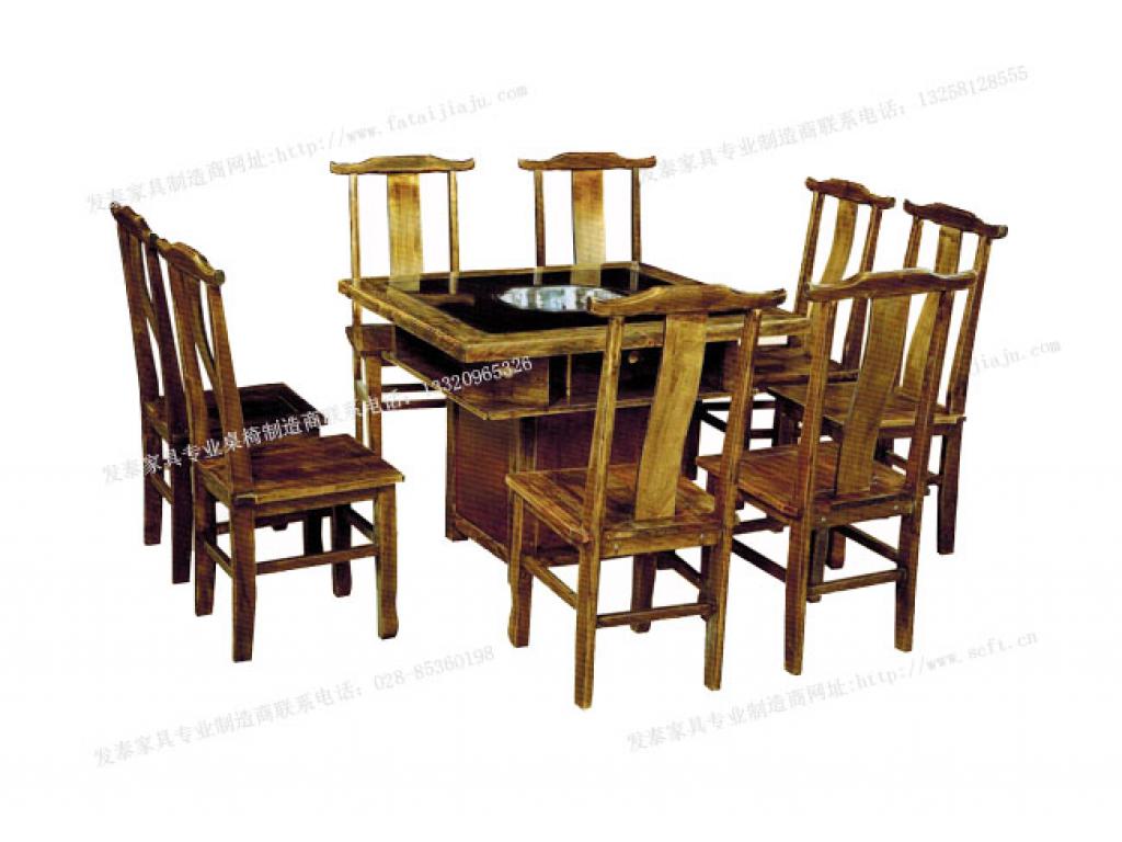 实木火锅桌 商用大理石串串香圆桌火锅一体火锅桌椅组合大理石火锅桌椅