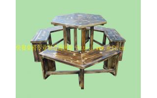 六方餐桌椅火烧木餐桌椅L形状凳子酒吧海边餐桌椅公园烧木餐桌凳子