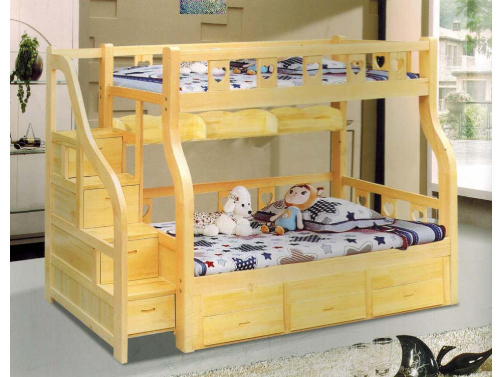 上下铺木床双层高低床松木桃心带高箱（本色）公寓儿童床儿童实木上下层床 ft-B005